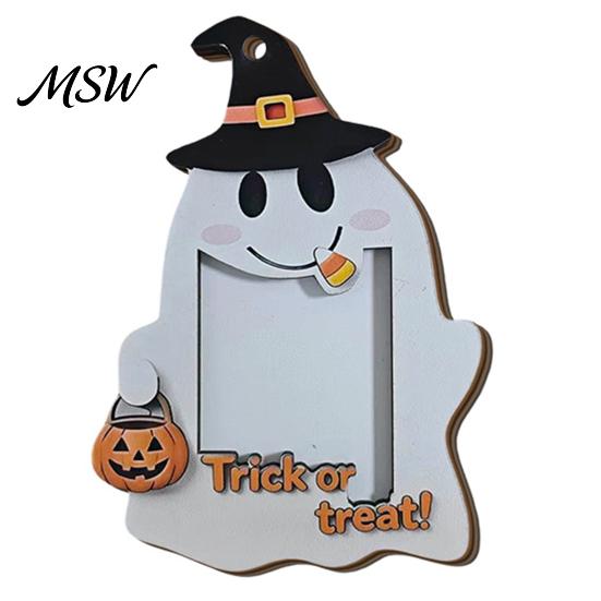Halloween Keepsake Frame Cute Ghost Wooden Photo with Hanging Rope, Creative Durable Slot Picture for Holiday Party Decor And Home Wall Decoration