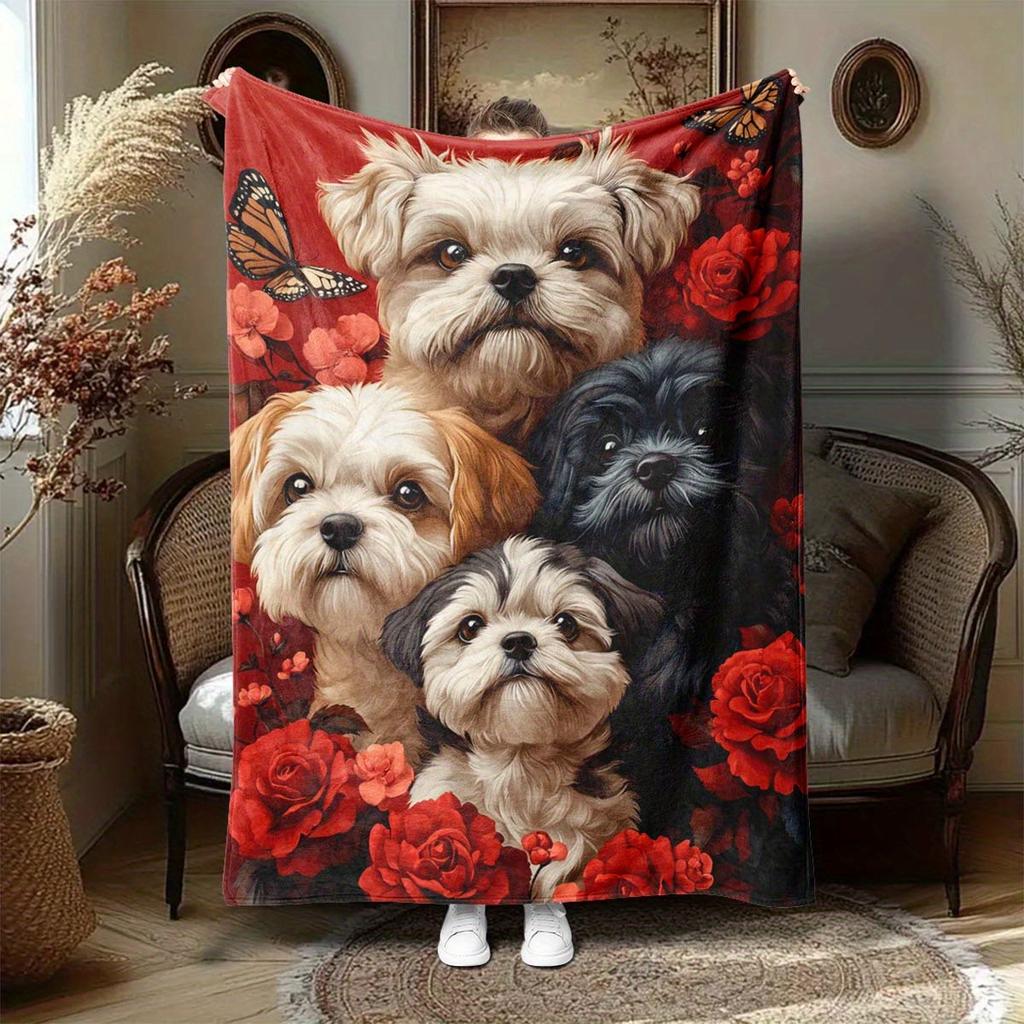 Cute Xishi dog pattern Flannel printed blanket suitable for all seasons suitable for living room office sofa and travel