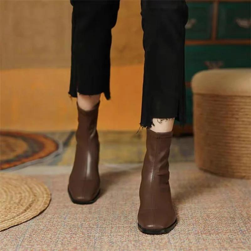 Весна и осень Новые короткие женские сапоги на низком толстом каблуке с квадратной головкой, эластичные тонкие одинарные сапоги