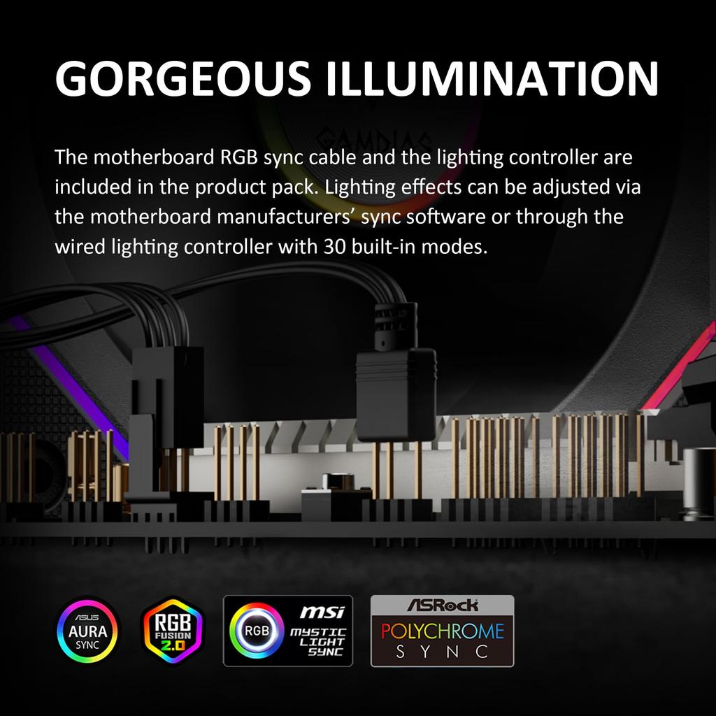 GAMDIAS 120mm ARGB PC Computer Case Fan Cabless Daisy Chain Replaceable Fan Blades Reverse Air Volume 30mm Thickness Infinity Mirror No Controller