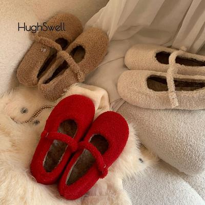 Мода Мода Балетки из шерсти с круглым носком Женские Лаконичные Теплые Плюшевые Лоферы Дамский Дизайн Бренда Пушистые Туфли Мэри Джейн Красного Серого Цвета