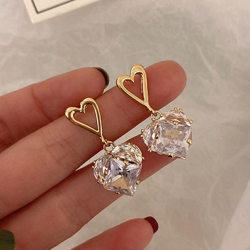 Trendy 14k Real Gold Crystal Heartearrings For Women Accessories Korean Fashion Jewelry S925 Silver Needle Shiny Zircon Ins Gift