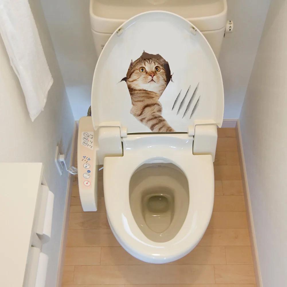 3D Кошки Наклейка На Стену Туалет Наклейки Вид Отверстия Яркие Кошки Ванная Комната Для Украшения Дома Животные ПВХ Наклейки Художественные Обои Плакат