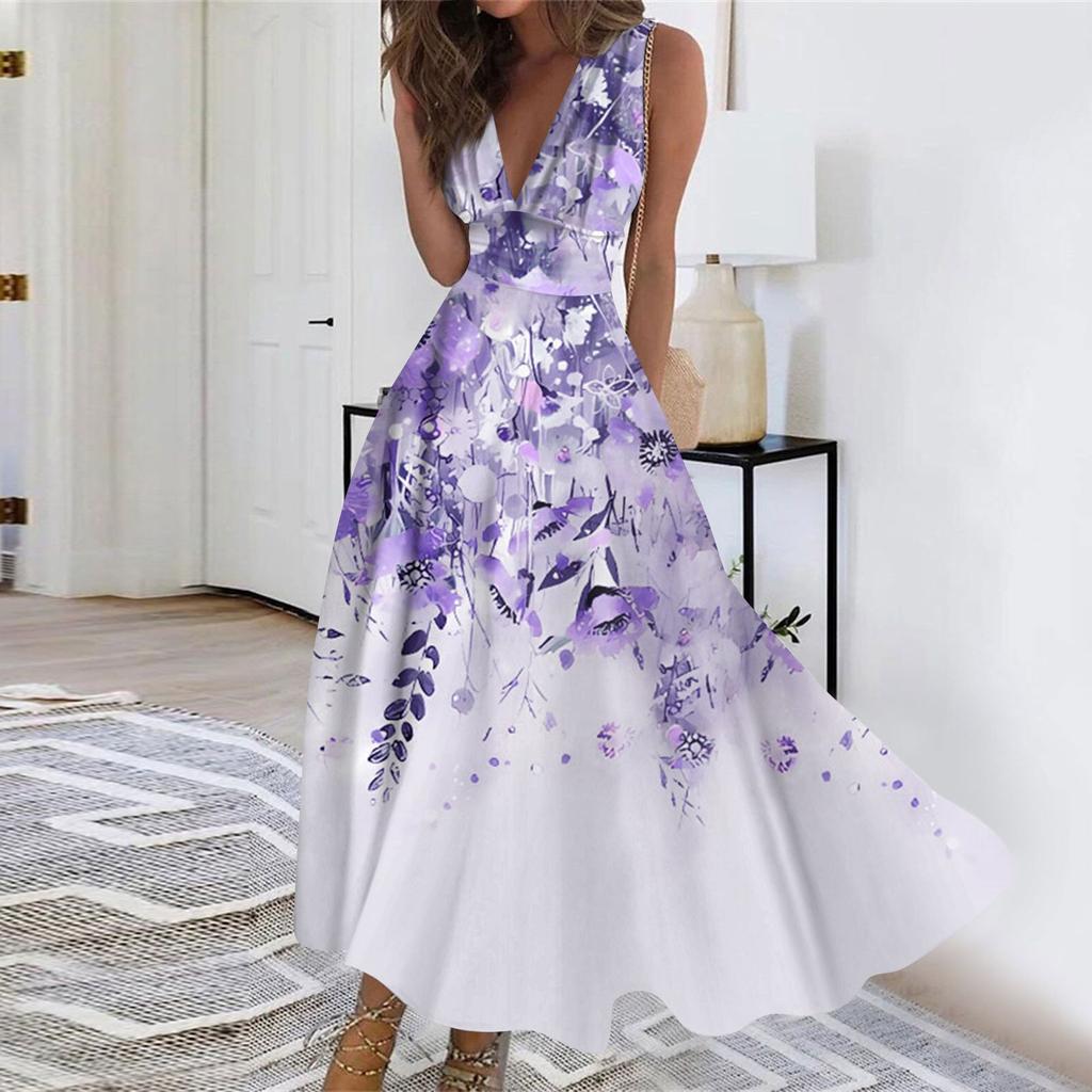 Женское длинное платье Платье макси Повседневное платье Летнее повседневное платье без рукавов с v-образным вырезом в стиле бохо с талией в стиле ретро с принтом