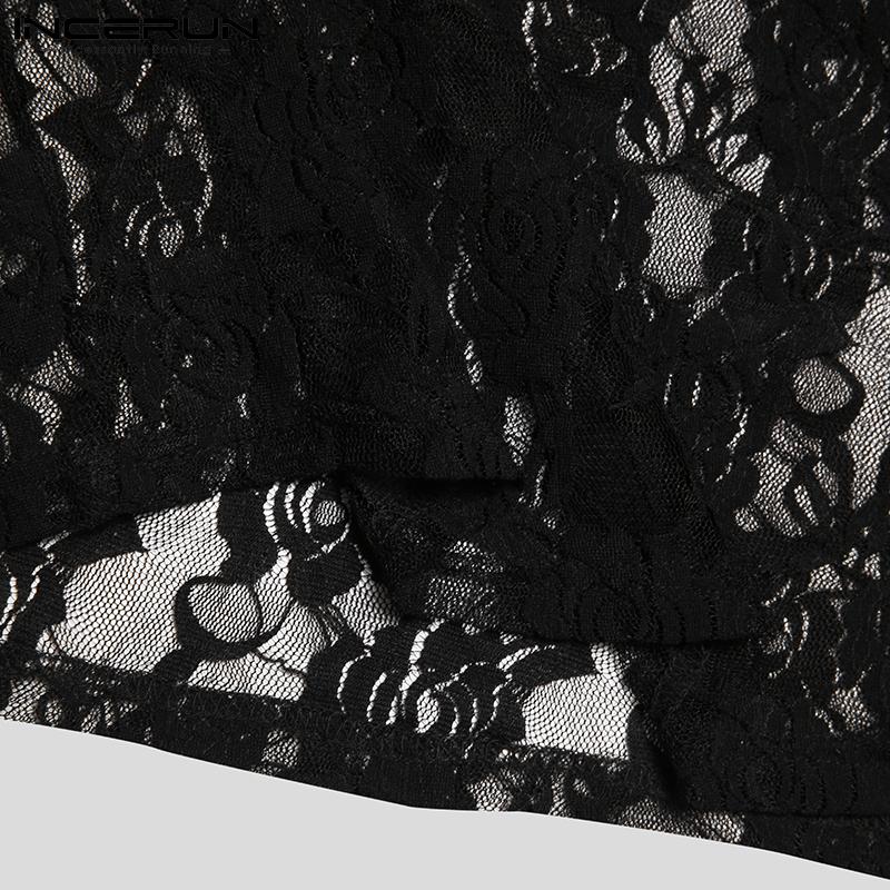 INCERUN Летние мужские сексуальные сетчатые кружевные рубашки с коротким рукавом для вечеринок и клубов, пляжные облегающие футболки