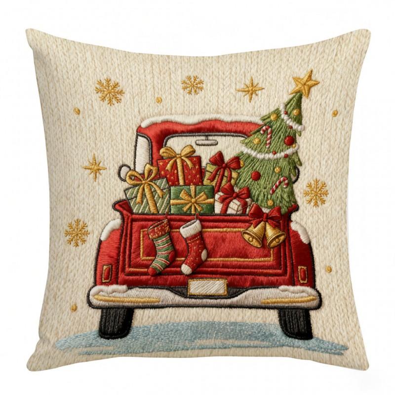 45cm Square Plush Pillow Cover Christmas Tree Gold Blessing Retro Truck Print Decor Living Room Home Holiday