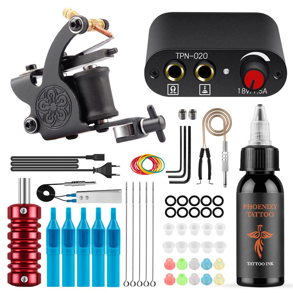 PHOENIXY Starter Tattoo Machines Gun с 30 мл чернилами, пигментом, источником питания для татуировки, традиционные игольчатые ручки для татуировки, инструменты для боди-арта, полный комплект