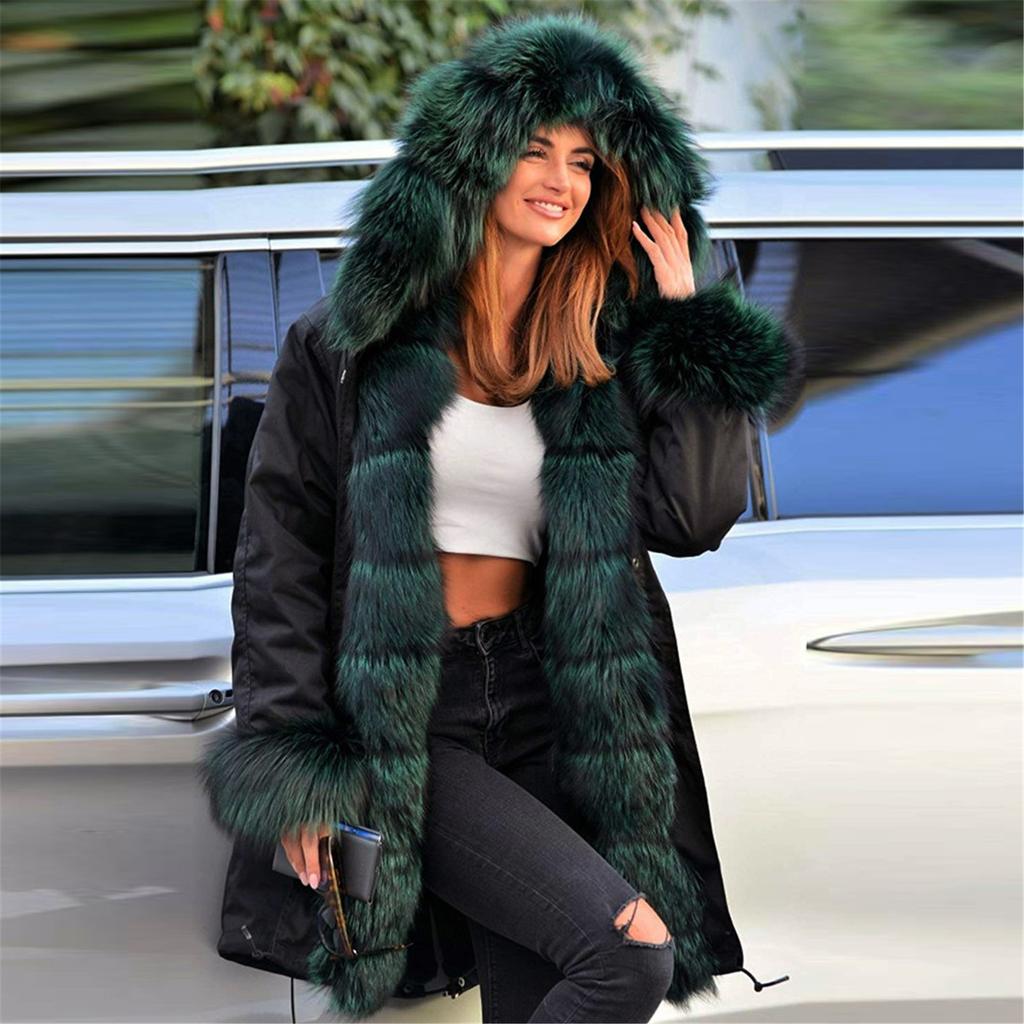 Women's Faux-Fur Shaggy Winter Coat Long Sleeve Open Front Outwear Fishtail Hooded Jacket