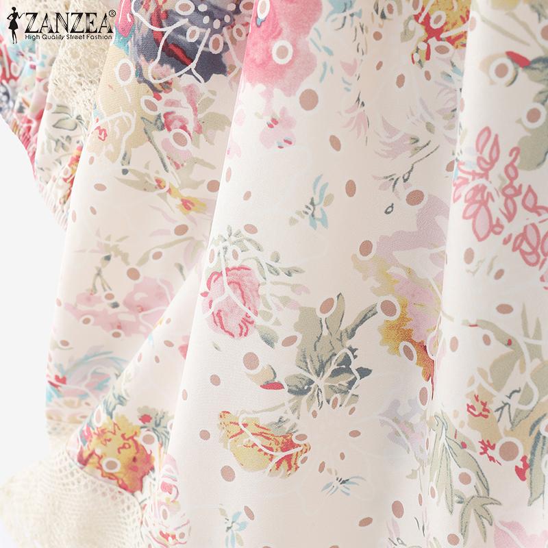 ZANZEA Women Lace Splice Square Collar Summer Short Sleeve Floral Blouse