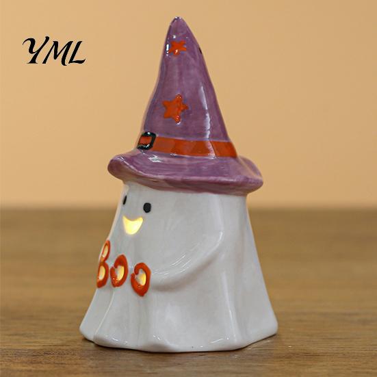 Cute Halloween Room Decoration Ceramic Tealight Holder, Lighted Ghost Pumpkin Figurine with Indoor Party Atmosphere Lamp Witch Hat, Tiered Tray