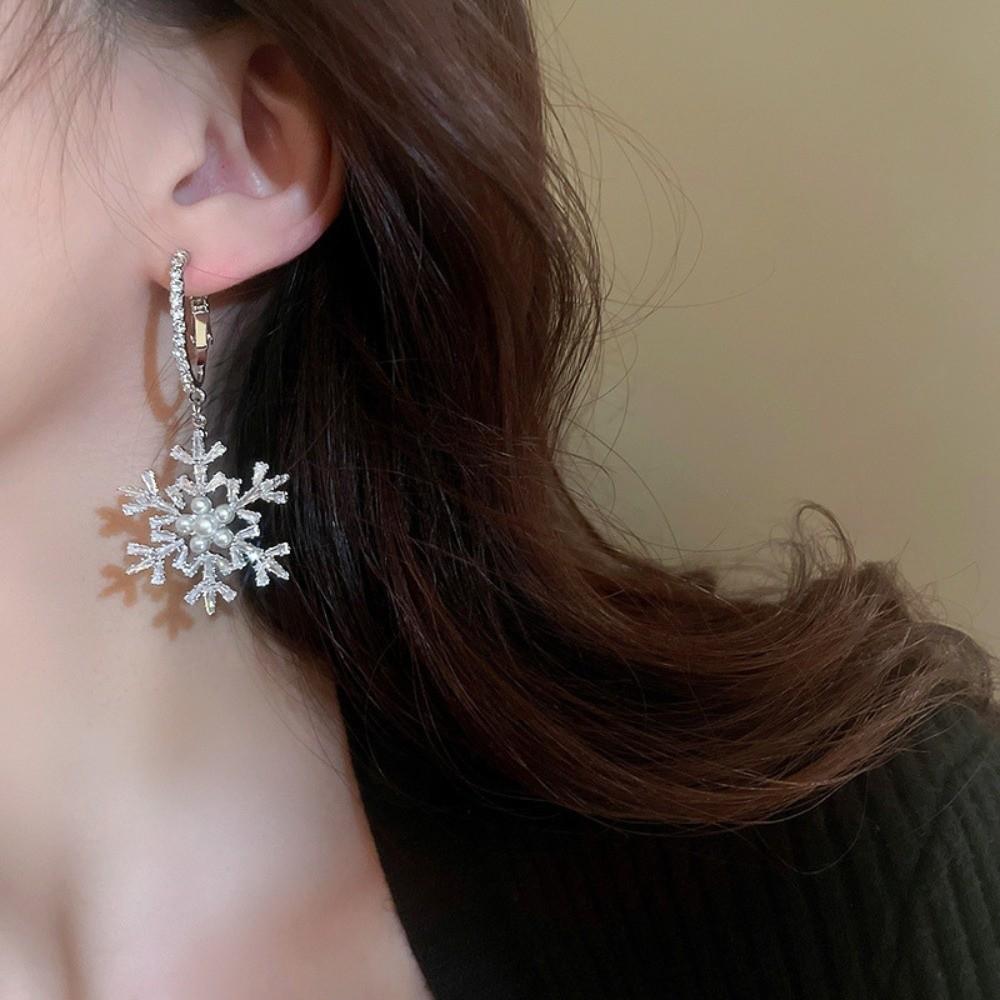 Imitating Pearls Crystal Snowflakes Earrings Silver Zircon Dangle Earrings Girl