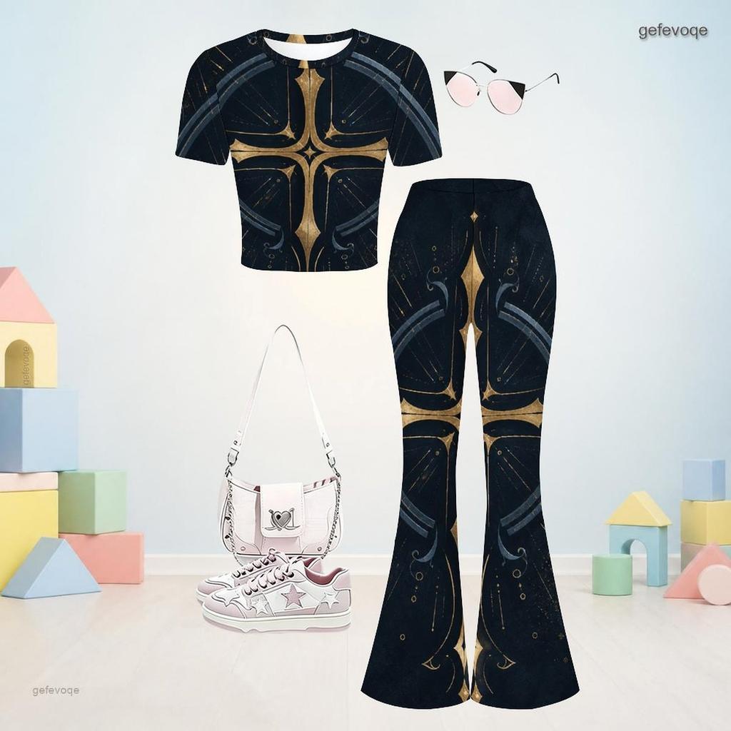 Girls Bald Eagle Printed Round Neck Short Sleeve Top Flared Pants Two Piece Set