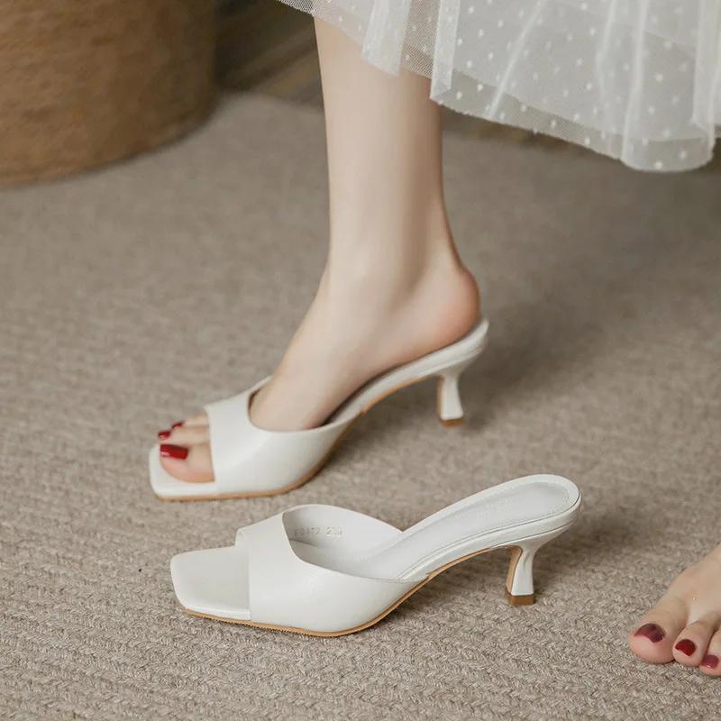 Fashion Bout carré talon haut été en cuir balle série sandales à talons aiguilles pantoufles pour femmes