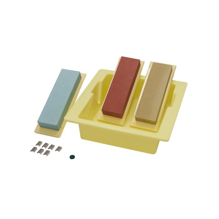 SK11 Kenshi 3-Stone Whetstone Set (#220/#1000/#3000) with Sharpening Bucket, Green