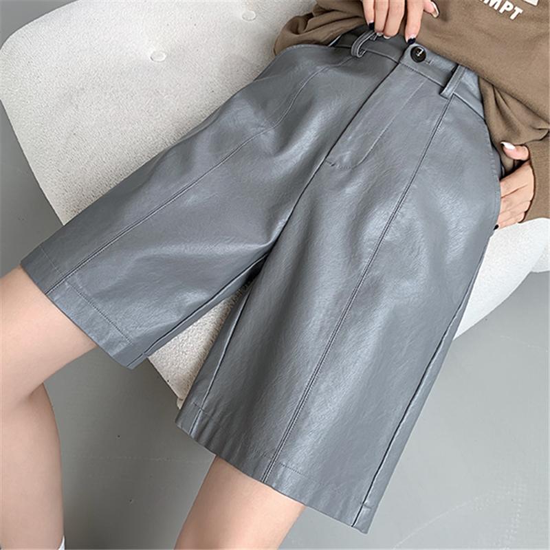 Women's Black Faux PU Leather Shorts High Waist Wide Leg Loose Pants Female Trousers