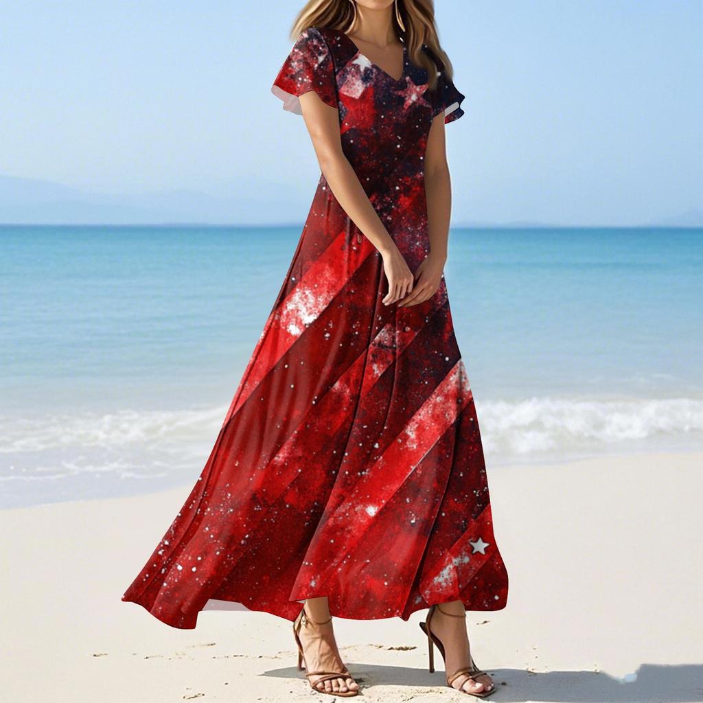 Женские летние повседневные модные платья с принтом ко Дню независимости, платья с коротким рукавом и V-образным вырезом