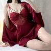 Sexy Lace 2 Piece Robe Pajama Set Backless Suspender Nightgown Underwear Spring Summer Satin Pajamas Loose Home Wear