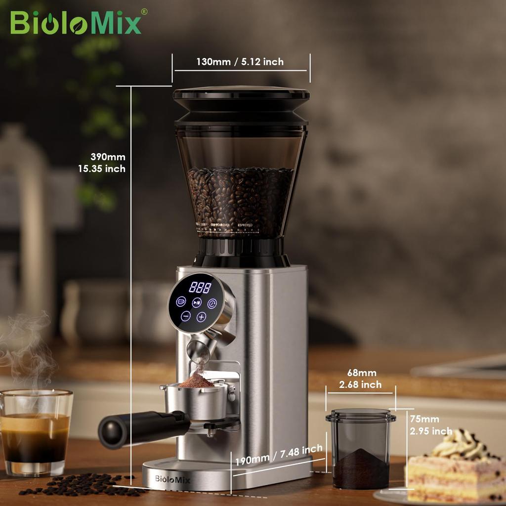 BioloMix CG210 Home Coffee Grinder Conical Burr with Touch Timer, 48 Grind Levels for Espresso Pour Over