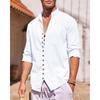 Мужская хлопково-льняная рубашка, мужская пляжная рубашка с длинным рукавом, летняя повседневная однотонная рубашка с воротником Генри