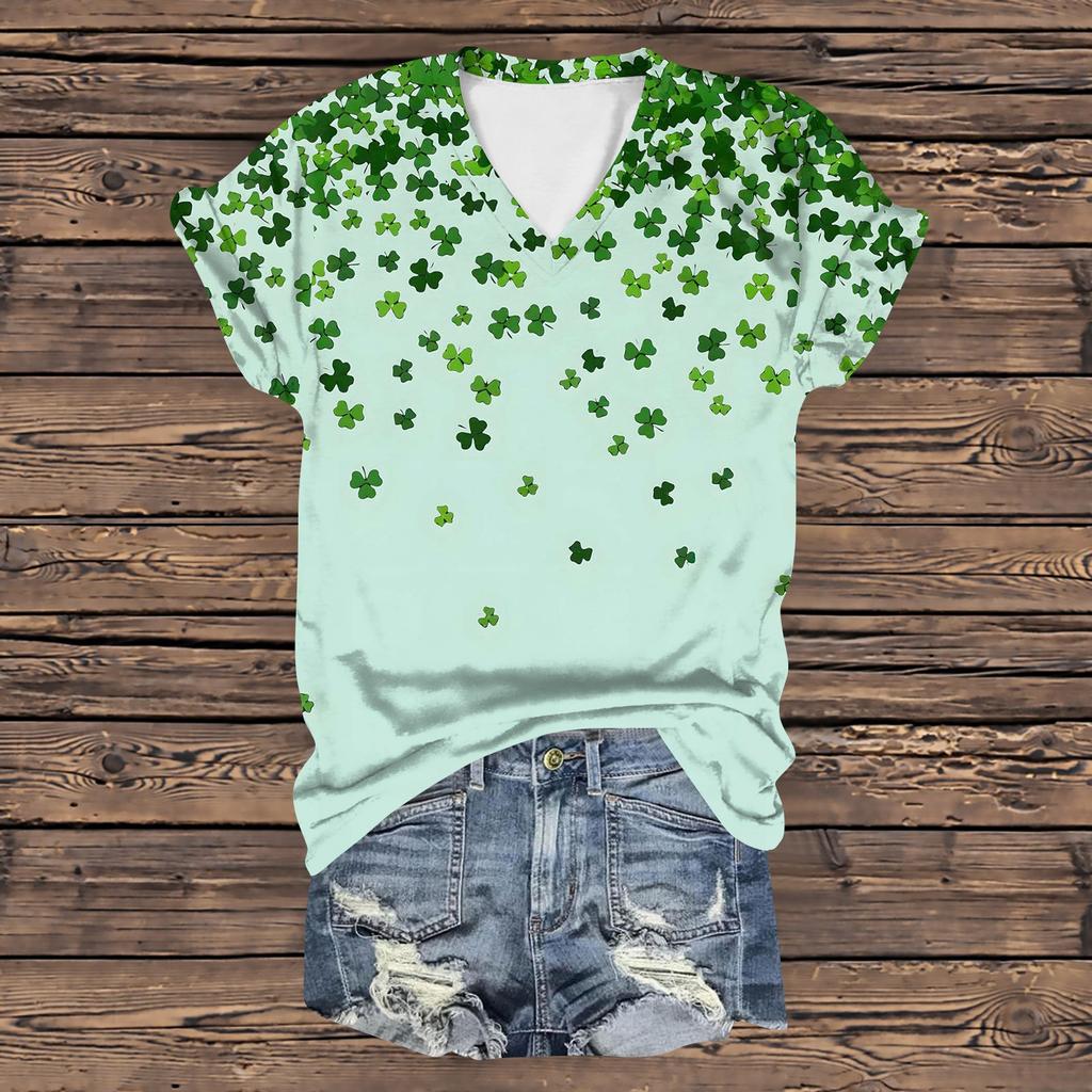 Женская повседневная свободная одежда St. Футболка с короткими рукавами и V-образным вырезом с принтом ко Дню Святого Патрика
