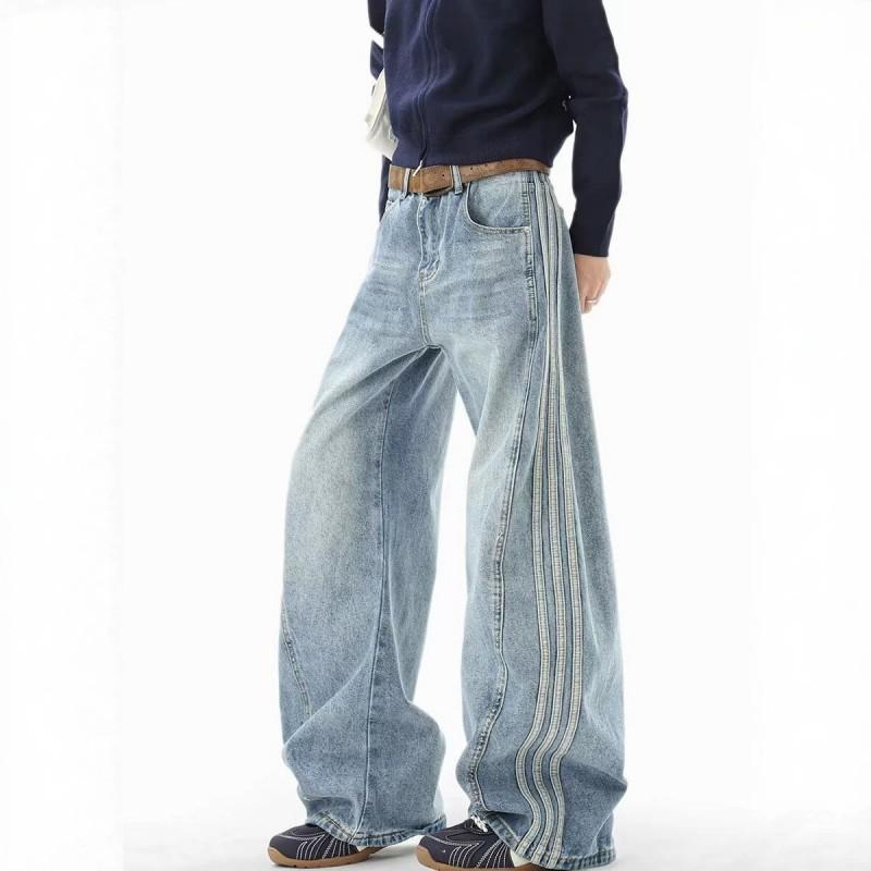 American Washed Side Stripe Bootcut Jeans Men Women Loose Wide Leg Distressed Denim Pants Streetwear Style