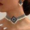Fashionable Retro Diamond-Studded Rhombus Jewelry Set: Exaggerated Drop Necklace & Earrings