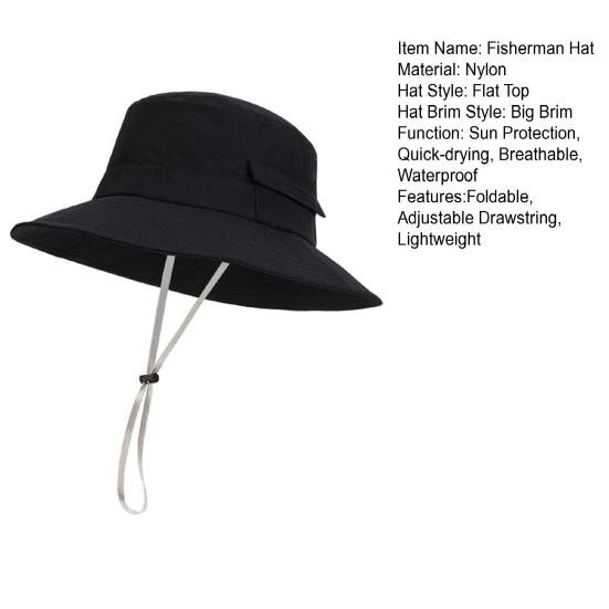 Fisherman Hat Wide Brim Adjustable Drawstring Windproof Buckle Bucket Hat Outdoor Travel Hiking