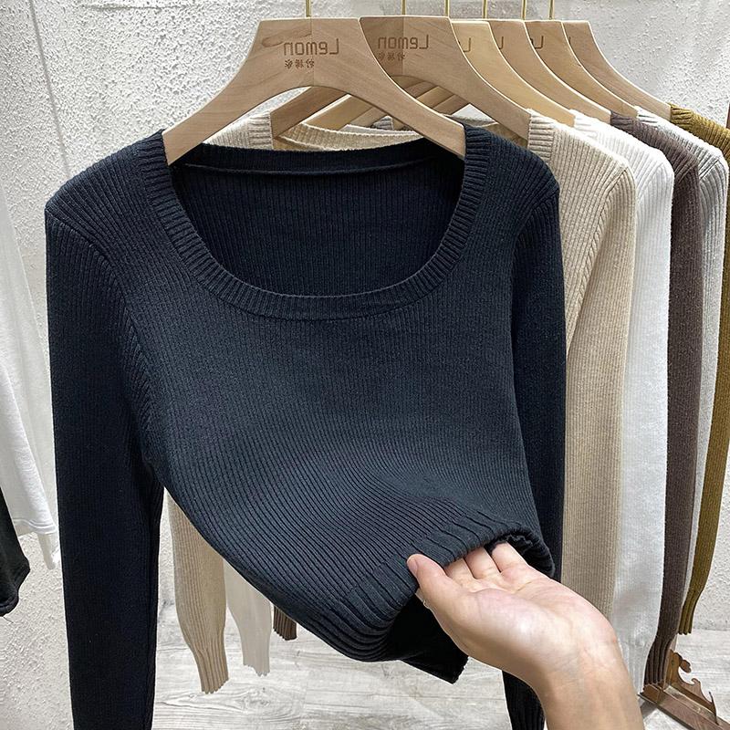 Модный короткий вязаный свитер с квадратным воротником для женщин, осень-зима, длинный рукав, рубашка, топ, однотонный простой пуловер, свитера, одежда 2576