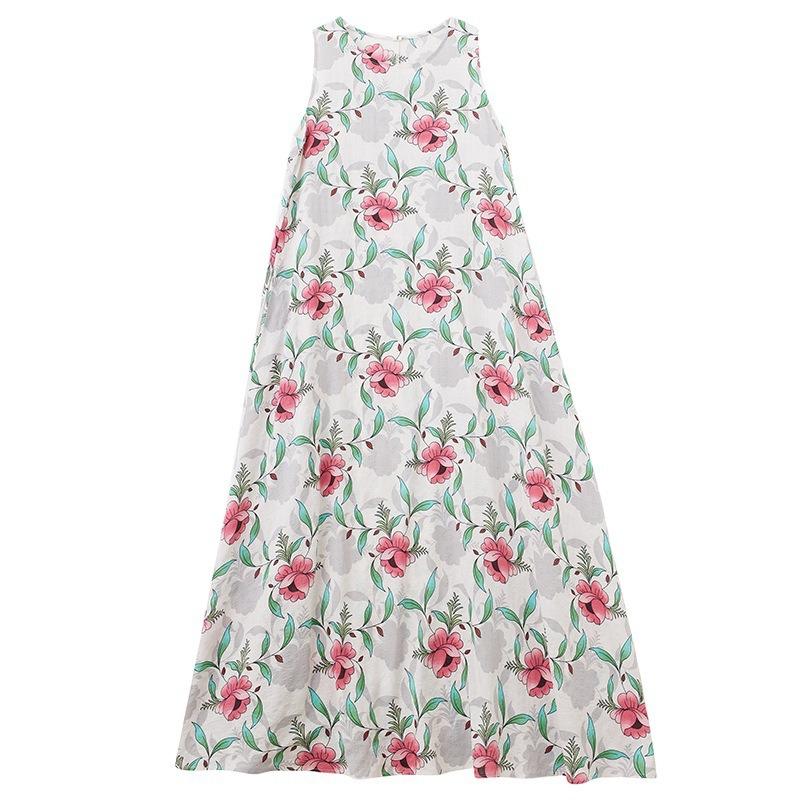 Летнее свободное платье без рукавов с круглым вырезом и принтом средней длины для женщин, повседневные платья