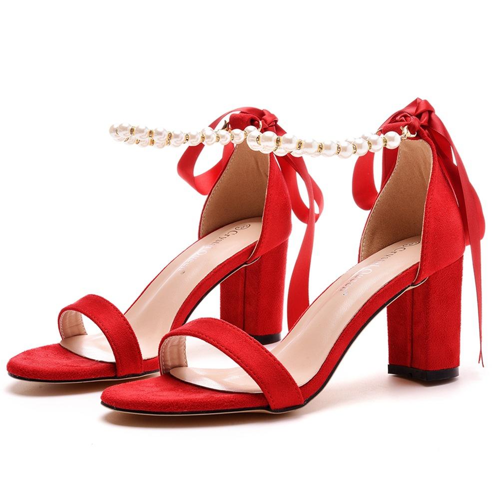 7 см толстый каблук неглубокий носок замшевые босоножки одной длины с круглым носком квадратные босоножки с бусинами летние босоножки для женщин