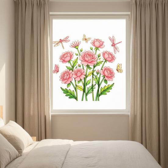 Static Glass Sticker, Soft Roses Decal with Dragonflies And Butterflies, No Glue Waterproof Sunproof Window Film for Bedroom Living Room Balcony