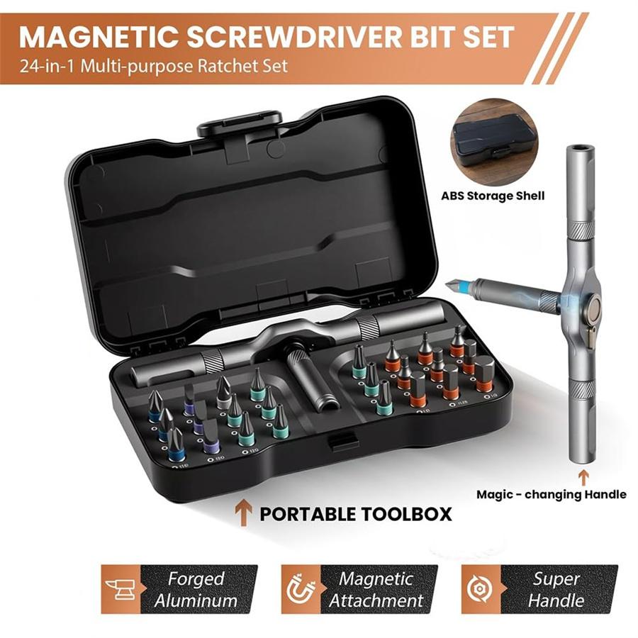 24 In 1 Magnetic Ratchet Screwdriver Set Compact Portable DIY Tool Kit with Multi-purpose Ratcheting Wrench and Precision Bits