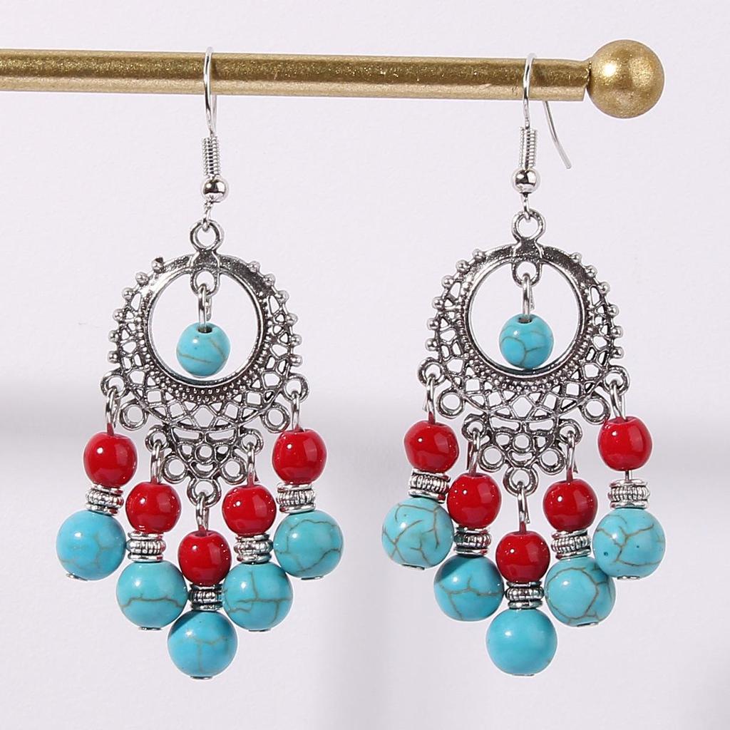 Retro Ethnic Turquoise Tassel Earrings Bohemian Vacation Style Color Blocking Earrings Long Fashionable Earrings