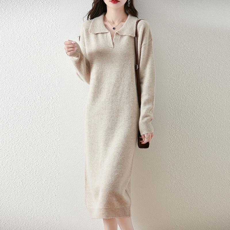 Женское платье-свитер 100% шерсть MODERN NEW SAGA V-образный вырез трикотажный длинный пуловер воротник поло зимние джемперы шерстяное длинное платье женское