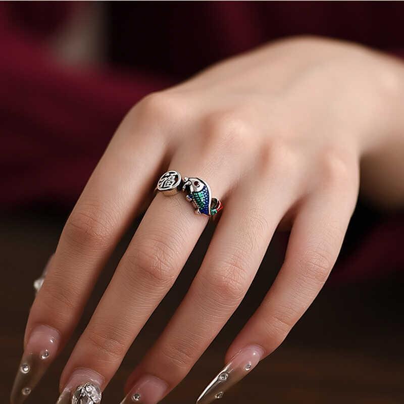 Adjustable Open Ring With Enamel Koi Fish Design Vintage Retro Style Plated Finger Women Men