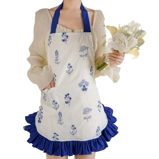 Женский кухонный фартук с карманами и капюшоном, хлопковый фартук с цветочной вышивкой, легкий дышащий фартук для готовки, кулинарный фартук в винтажном стиле с кружевными оборками