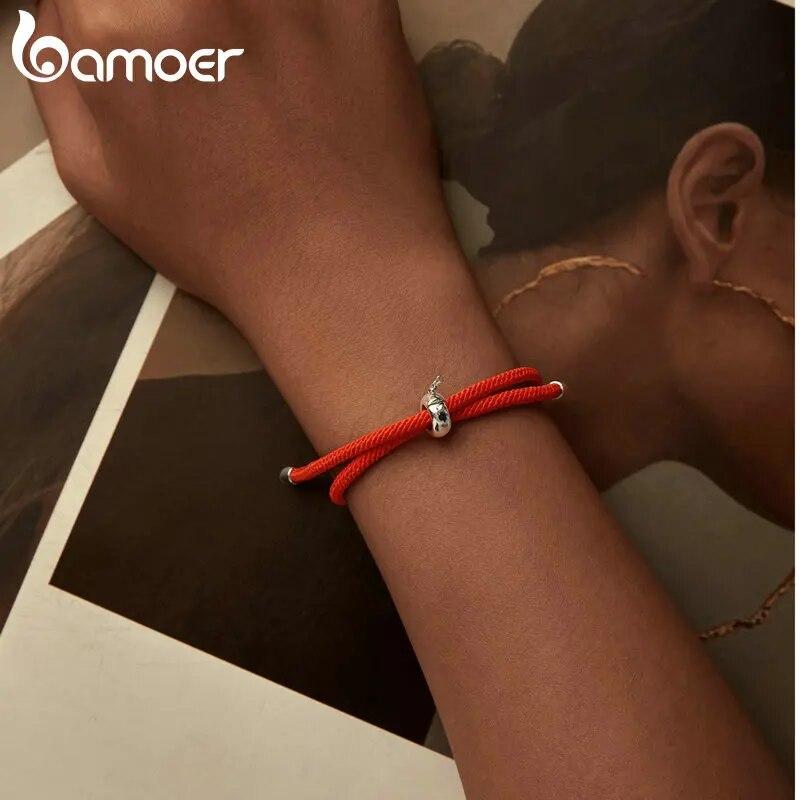 BAMOER ручной работы из стерлингового серебра 925 пробы, красные подвески на удачу, браслет для женщин и мужчин, красный, черный, регулируемая веревка, ювелирные изделия