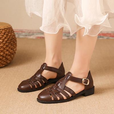 Женские плоские сандалии с круглым носком, ремешком с пряжкой, узкой перемычкой, туфли для женщин, платьев, римские, ретро, однотонные, дышащие, Zapatillas De Mujer