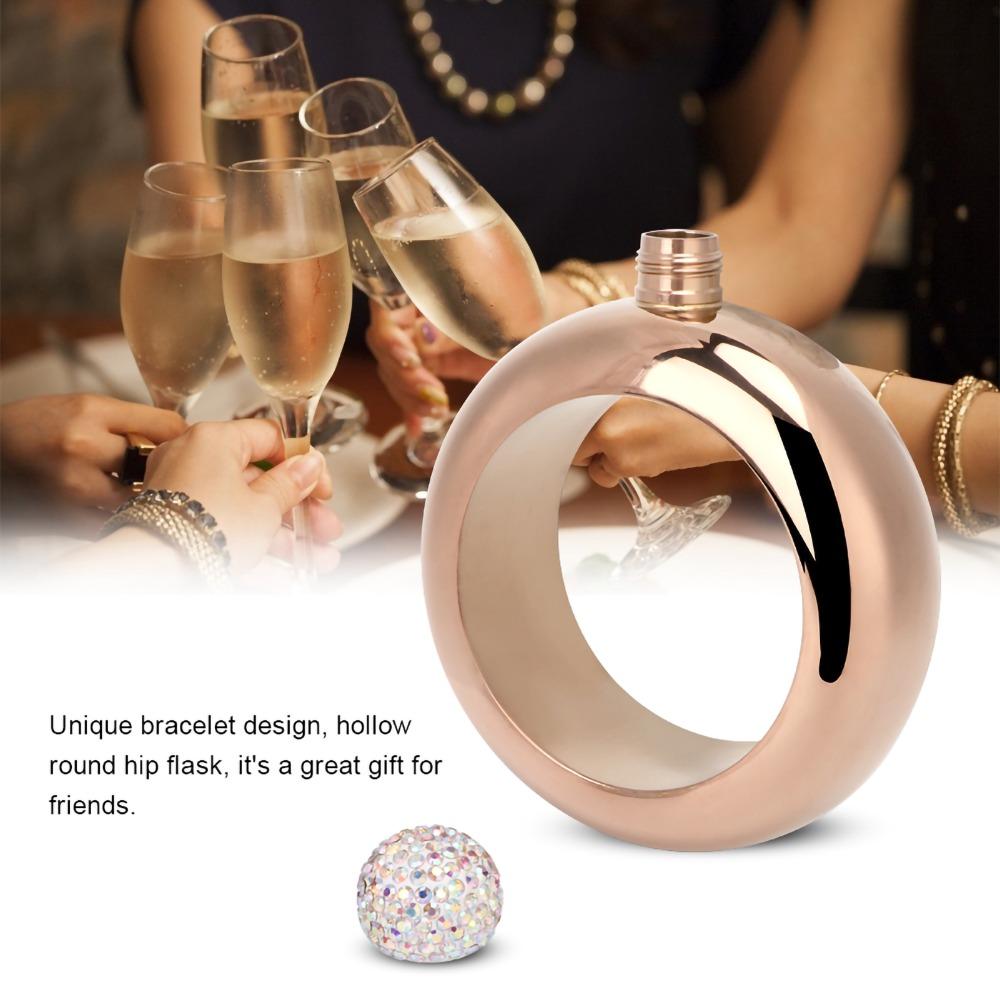 Stainless Steel Alcohol Jug Bracelet Gold Rhinestones Lid Bangle Hip Flask Bars