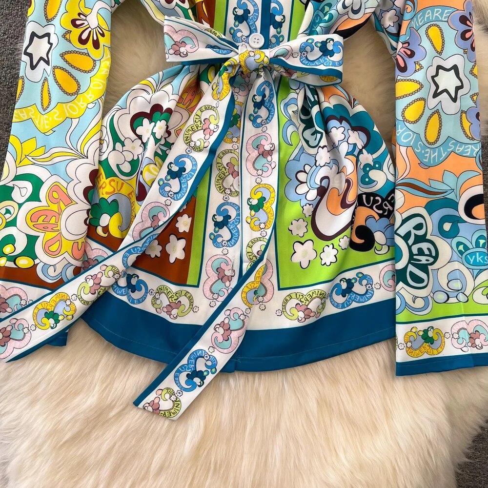 Runway Designer Vintage Pant Two Piece Set for Women Cyanotype Printed Blazer Shirt Trousers Suit