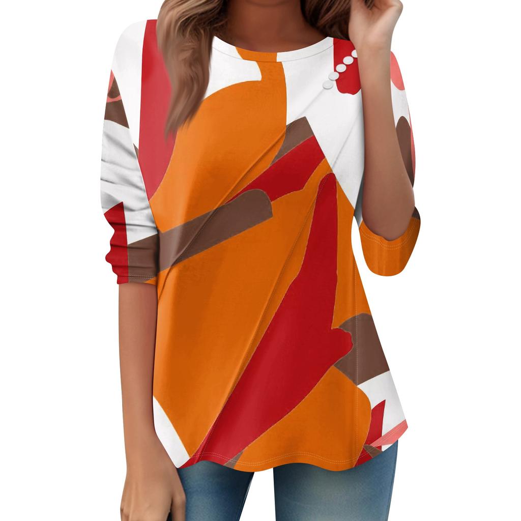 Women's Loose Casual Long Sleeve Top Round Neck Button Pull Stripe Prints T Shirt