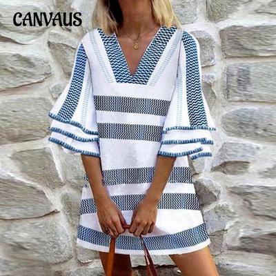 Летнее женское повседневное полосатое принтованное свободное платье миди, платье-пуловер