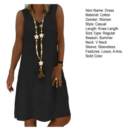 Lady Summer Dress Sleeveless V Neck A-line Solid Color Knee Length Midi Dress Pullover Vest Type Vacation Beach Dress