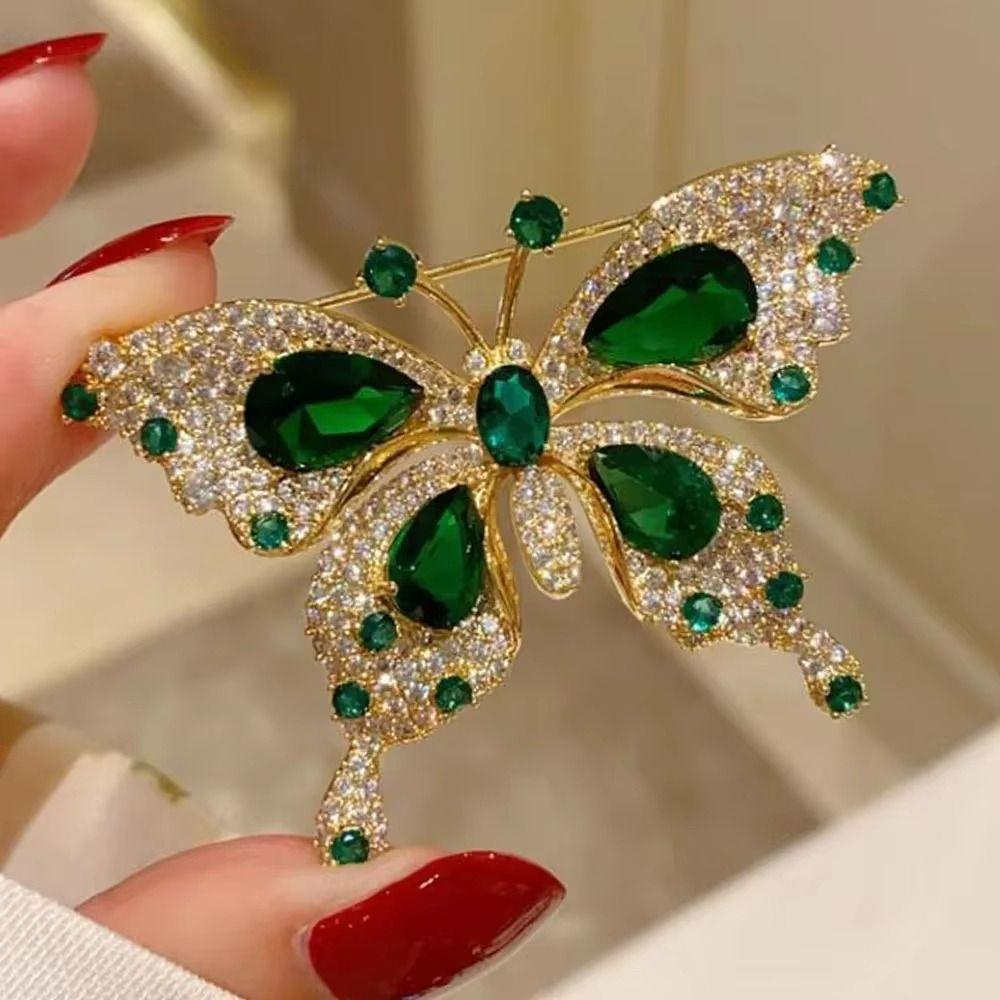 Retro Green Butterfly Brooch Crystal Butterfly Brooches Green Butterfly Suit Collar Pin  Daily