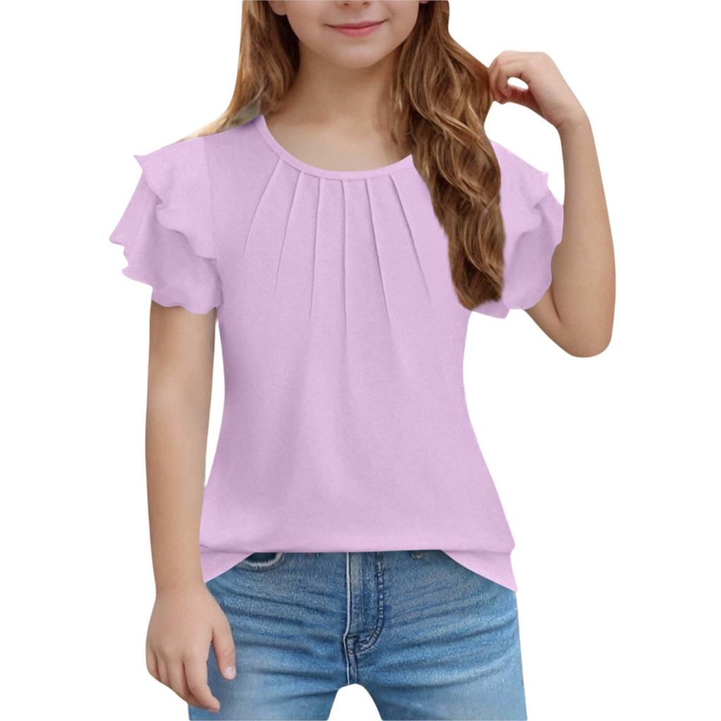 Girls' Ruffled Tee - Solid Color Short Sleeve Casual Top