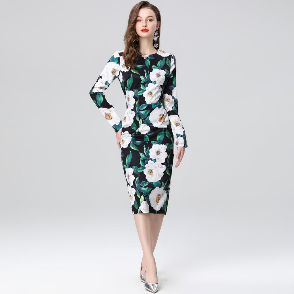 Spring Summer Women Fashion Elegant Full Sleeve Flower Print Slim Bodycon Office Work Pencil Dresses