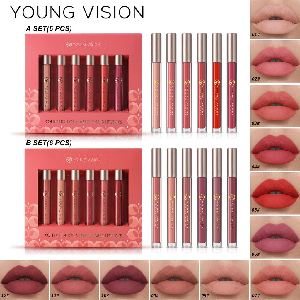 YOUNG VISION Подарочный набор из 6 жидких помад Matte Mist Top Блеск для губ в антипригарном стаканчике