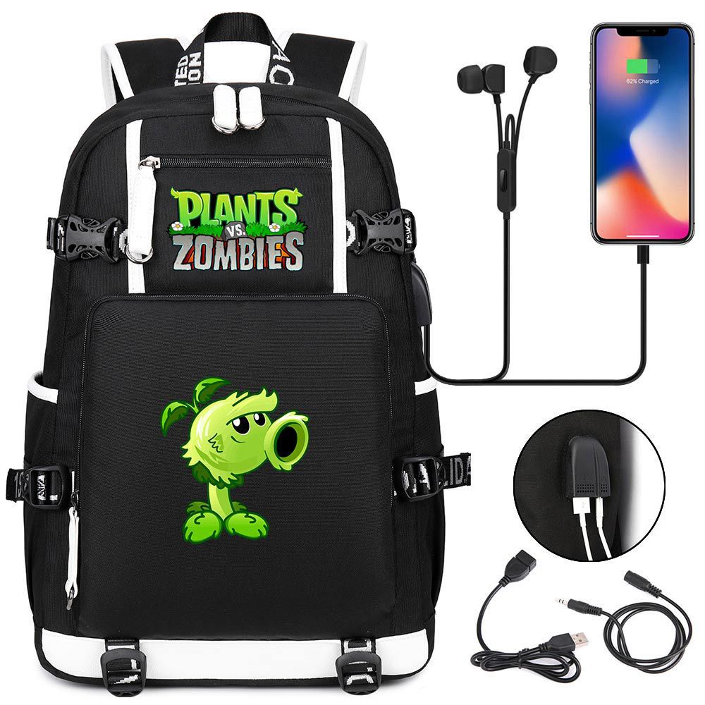 Double Shooter Plant USB Teen Student Backpack Unisex Casual Travel Rucksack