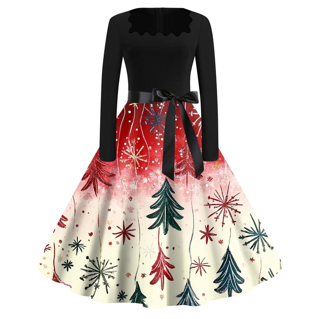 Women's Fashion Square Neck Casual Slim Christmas Printed Long Sleeve Dresses