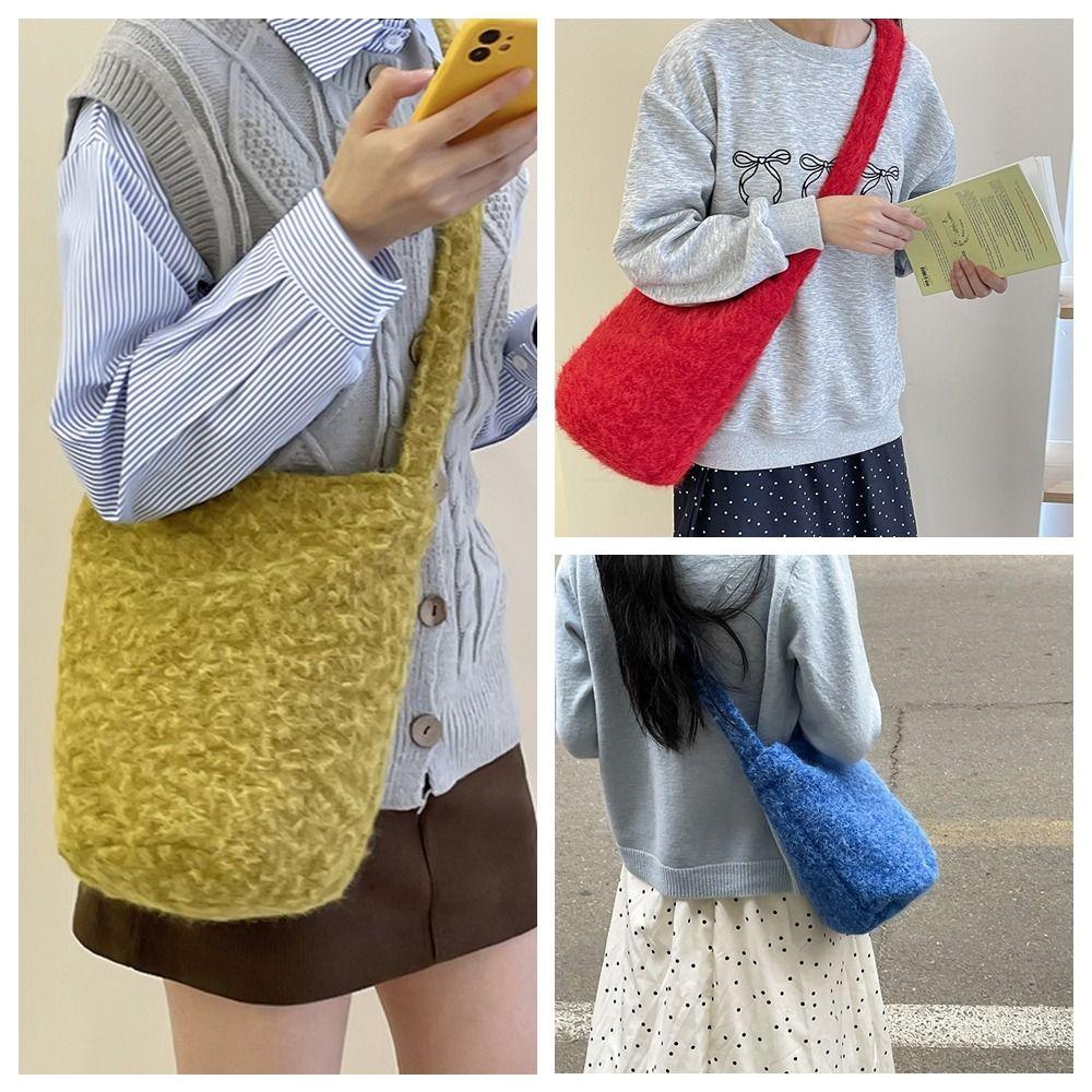 Cute Wool Tote Bag Sweet Shoulder Bag Portable Plush Bucket Bag Shopping